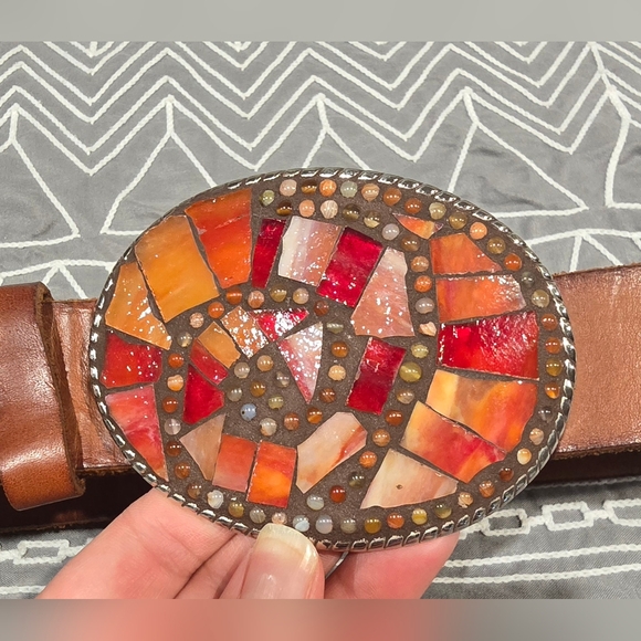 Brown Leather Belt With Glass Mosaic Belt Buckle Size 34 - Picture 2 of 4
